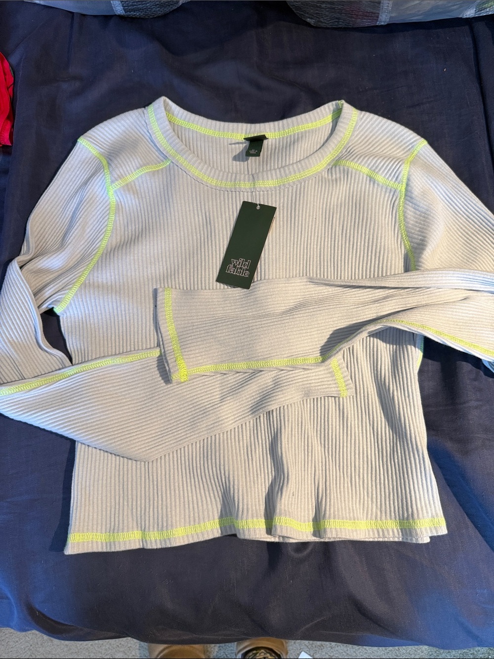 wild fable Cream Ribbed Long‑Sleeve Top with Neon Yellow Contrast Stitching